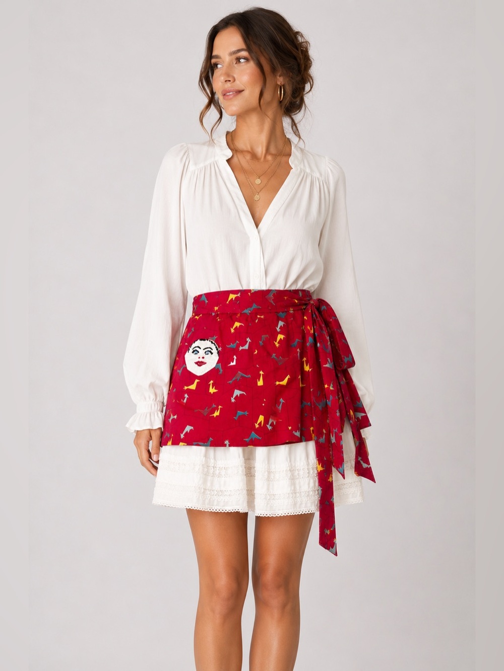 Vintage Handmade Wrap Apron Skirt Red Novelty Print Embroidered Face Tie Waist